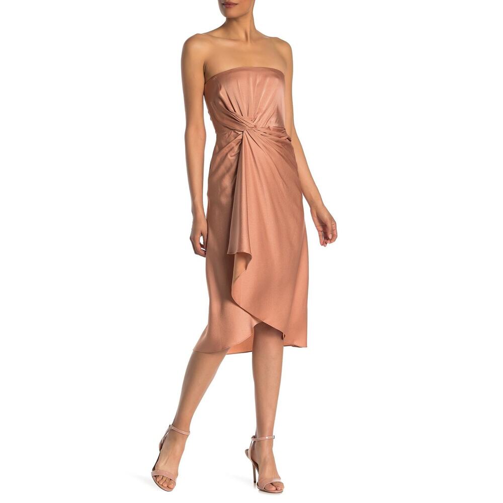 ALC Roya Copper Satin Twist Waist Strapless Knee Length Midi Dress